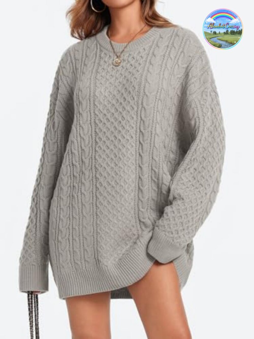 Oversized Chunky Cable Knit Tunic Sweater Crewneck Long Sleeve Women's - Picture 3 of 5